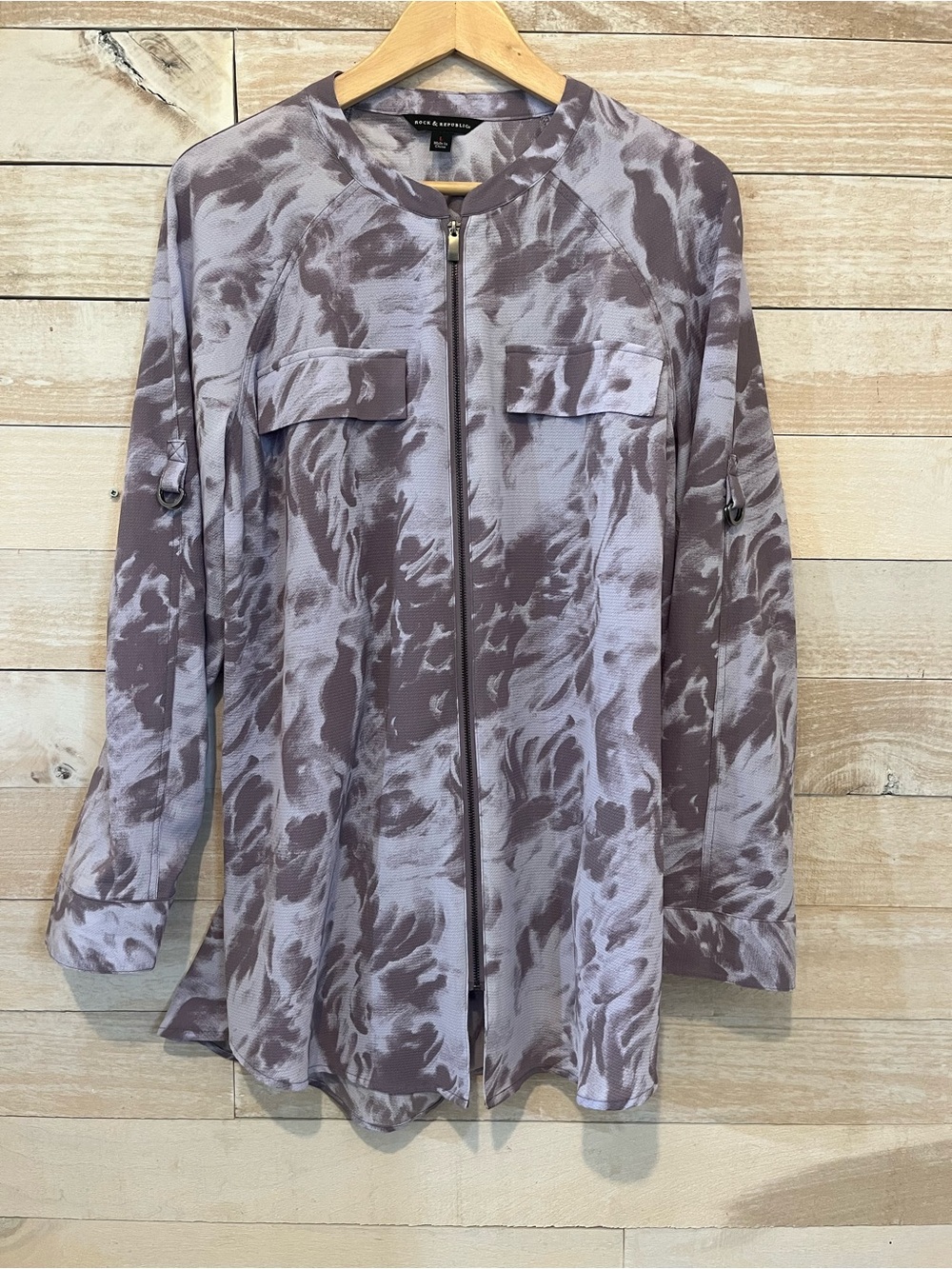 Rock & Republic Lavender and Taupe Abstract Zip-Front Blouse